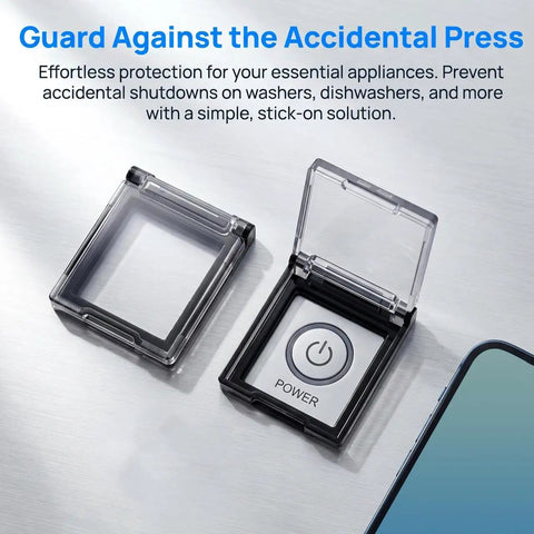 Clear Button Cover Shield For Home Appliances, Self Adhesive Push Button Guard That Keeps Your Washing Machine And Dishwashers From Accidental Taps, Emergency Stop Lockout, Size 1.57 X 1.37 X 0.39 In with open cover displaying power button.