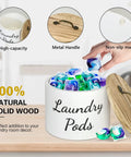 Wood Laundry Pods Container With Lid For Handy Laundry Room Decor And Storage, holding colorful detergent pods.