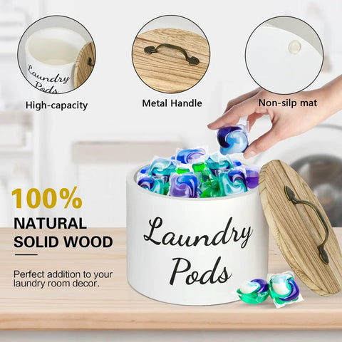 Wood Laundry Pods Container With Lid For Handy Laundry Room Decor And Storage, holding colorful detergent pods.