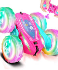 Pink Remote Control Car For Girls That Flips 360 Degrees shown with colorful wheel lights and a hand-held controller