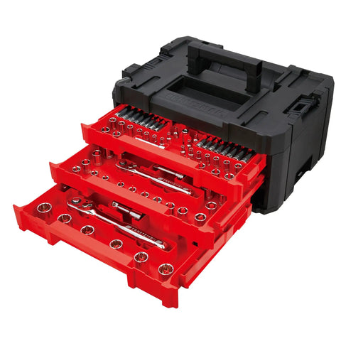 230 Piece Hand Tool And Socket Set With 3 Drawer Tool Box For Auto Repair And Home Projects in open drawers, heavy duty wrenches