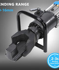 Close-up of 5/8 Inch Electric Hydraulic Rebar Bender handle and bending range indicator, showcasing robust design for quick bends.