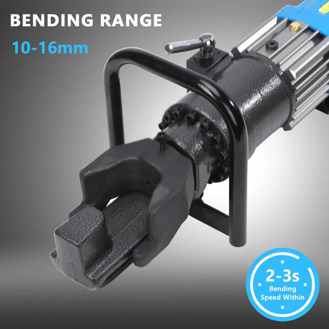 Close-up of 5/8 Inch Electric Hydraulic Rebar Bender handle and bending range indicator, showcasing robust design for quick bends.