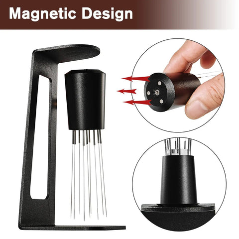 Espresso Distribution Tool With 9 Needles For WDT Stirring, magnetic design and removable stainless steel wires, black handle