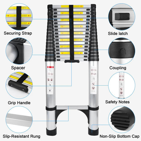 26.2Ft Telescoping Aluminum Ladder For Indoor And Outdoor Jobs, Lightweight Yet Sturdy Extension Ladder, Easy Fold Design, Non Slip Feet, Wider Pedals, Stable Safety Build For High Reach Projects And DIY Boss Level. Folded aluminum telescoping ladder with strap, latch, and non-slip caps
