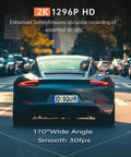 Crystal Clear 1296P Front Dash Cam captures HD footage of car with wide-angle view, displaying enhanced safety recording.