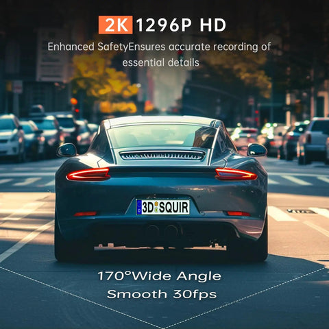 Crystal Clear 1296P Front Dash Cam captures HD footage of car with wide-angle view, displaying enhanced safety recording.