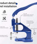 Heavy Duty Grommet Tool Kit Hand Press Grommet Machine details with labels showing features and materials used in the construction
