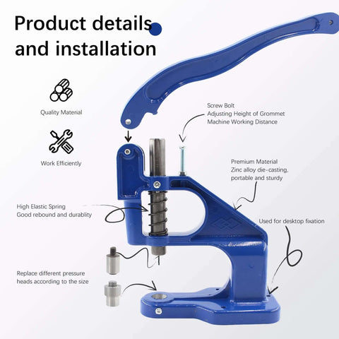 Heavy Duty Grommet Tool Kit Hand Press Grommet Machine details with labels showing features and materials used in the construction