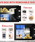Compact Fireproof Safe For Home Use With Digital Keypad 1.2 Cu Ft Removable Shelf displaying cash, jewelry, documents, cameras.
