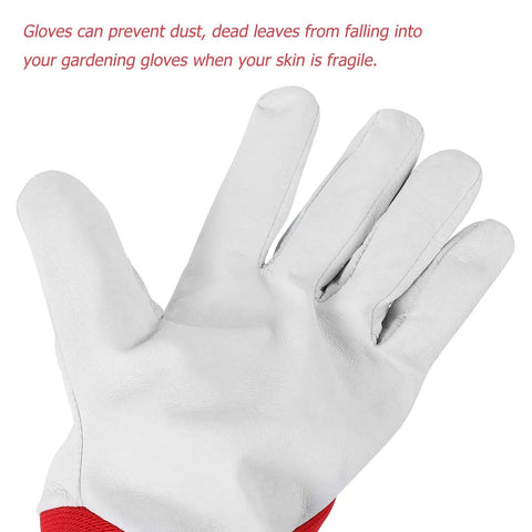All Purpose Garden Pruning Gloves For Women And Men Breathable Red Work Gloves With Thorn Resistant Leather Durable Gardening Gear For Yard Maintenance And Plant Care, white leather palm view