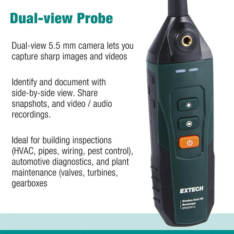 Wireless Dual HD Borescope With Mobile App Control, 1.5m Probe, 5.5mm Camera, Rugged IP67 Video Scope handheld device close-up