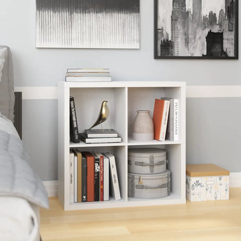 Four Cube Storage Shelf Organizer With Back Panel Easy Assembly Bookshelf in white wood finish with decor in home setting