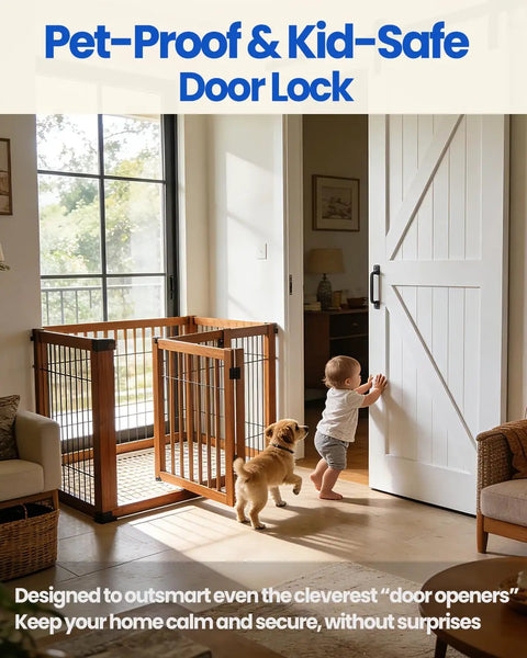 Room with child and dog near door using 2 Pack 2 In 1 Barn Door Lock And Latch, 90 And 180 Degree Adjustable Sliding Lock for safety