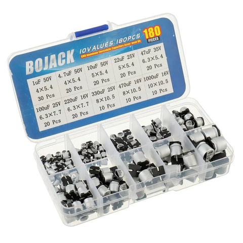 Ten Value SMD Aluminum Electrolytic Capacitors Kit, 180 Pieces, 1uF To 1000uF, 16V To 50V, Tolerance 20 Percent, in plastic case