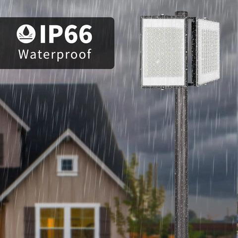 Crazy Bright 400W LED Flood Light With 40000LM, IP66 Waterproof, shown outdoors in rain near house