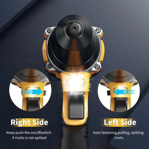 Heavy Duty Brushless Cordless Pop Rivet Gun showing on/off switch and auto fastening features for quick auto repairs.