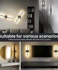 Super Slick 29 Inch Wall Sconces Set Of 2, Matte Black With Gold Accents, 10000 Mah Rechargeable Battery Wall Lights in different room settings.
