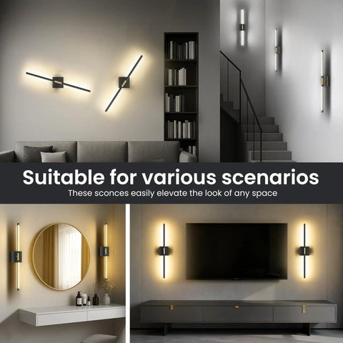 Super Slick 29 Inch Wall Sconces Set Of 2, Matte Black With Gold Accents, 10000 Mah Rechargeable Battery Wall Lights in different room settings.