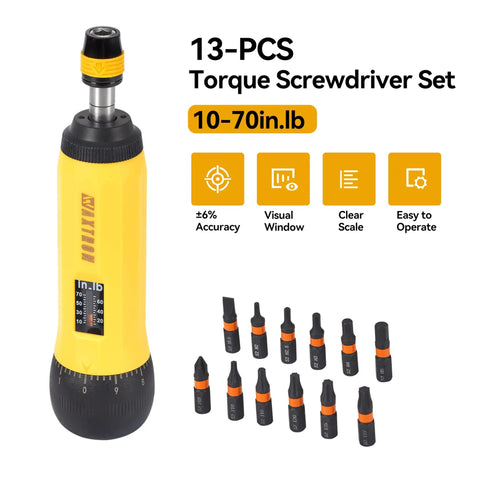 Torque Screwdriver Bit Set With Locking Chuck Never Drop A Bit 13 Piece Driver Kit Ten To Seventy Inch Pounds One Quarter Inch Quick Release Bit Holder Pro Grade Six Percent Accuracy shown with bits and scale.