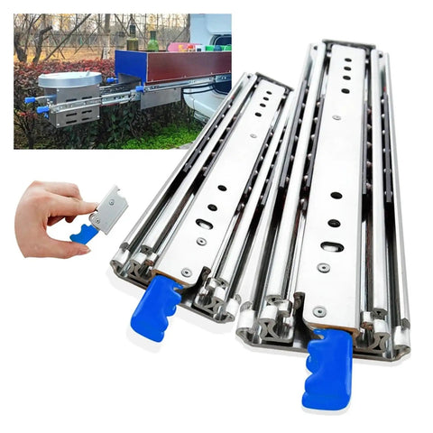 Heavy Duty Drawer Slides With Secure Locking Feature Full Extension Ball Bearing Rails Support Up To 500 Lbs Per Pair, shown with blue handle.