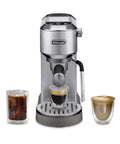 Front view of Dedica Duo Compact Espresso Machine With Milk Frother Wand For Espresso Cold Brew Hot And Iced Coffee Cappuccinos Lattes And Home Barista Pro Grade Stainless Steel Finish shown with drinks
