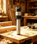 Precision Carbide Tipped Mini Flush Trim Router Bits With Bearing Guide One Quarter Inch Shank showcased on woodworking table.