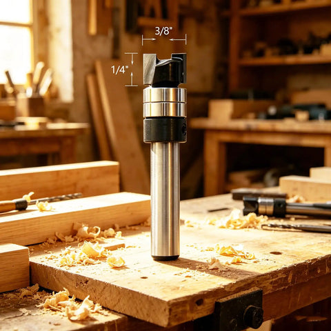 Precision Carbide Tipped Mini Flush Trim Router Bits With Bearing Guide One Quarter Inch Shank showcased on woodworking table.