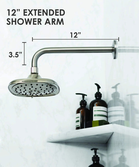 12 Inch L Shaped Shower Arm Extension For Rainfall And Adjustable Showerheads Brushed Nickel Finish installed in bathroom