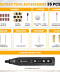 Mini 4V Cordless Rotary Tool With Five Speeds And LED Light 2000mAh Battery For Engraving Polishing Sanding Cutting And Detail Work On DIY Projects For Home, shown with 35 accessory pieces
