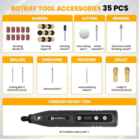 Mini 4V Cordless Rotary Tool With Five Speeds And LED Light 2000mAh Battery For Engraving Polishing Sanding Cutting And Detail Work On DIY Projects For Home, shown with 35 accessory pieces