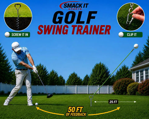 Golfer using Backyard Golf Swing Trainer For Drivers And Irons With Real Golf Ball And 50 Feet Of Flight Feedback.