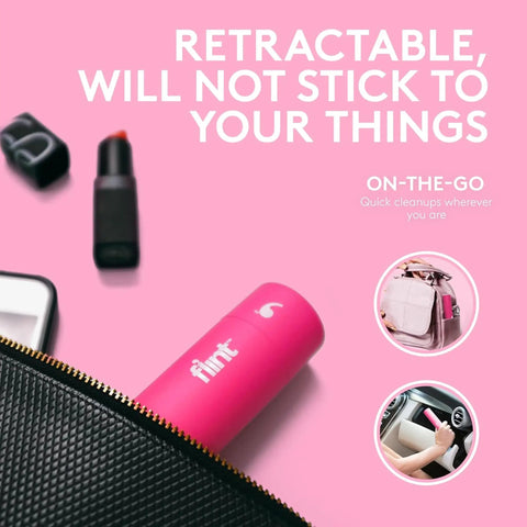 Pink Retractable Mini Lint Roller With 30 Extra Sticky Sheets shown in purse, front view