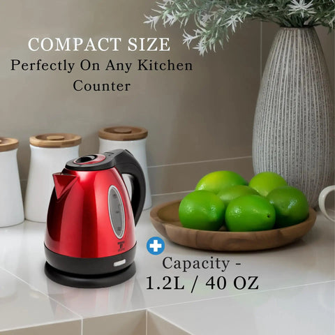 Red One Point Two Liter Cordless Electric Kettle 1500 Watt Fast Boil Stainless Steel Portable Tea Pot With Boil Dry Protection