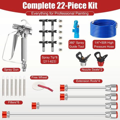 Heavy Duty Airless Paint Sprayer Gun Kit With 3600 PSI And A 50 Foot High Pressure Hose showing 22-piece components including spray gun, tips, and hoses.