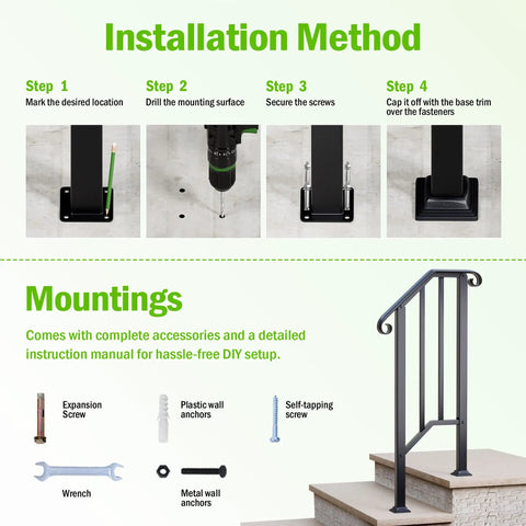 Installation steps for Two Pack Heavy Duty Outdoor Stair Handrails, Wrought Iron Step Guards With Quick Mount Kit.