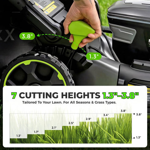 60V Brushless Cordless Self Propelled Lawn Mower With 21 Inch Deck 5Ah Battery LED Headlight Rapid Charger 3 In 1 Versatility For Large Yards Quiet Power Low Maintenance Durable Lawn Care Machine, cutting height adjustment