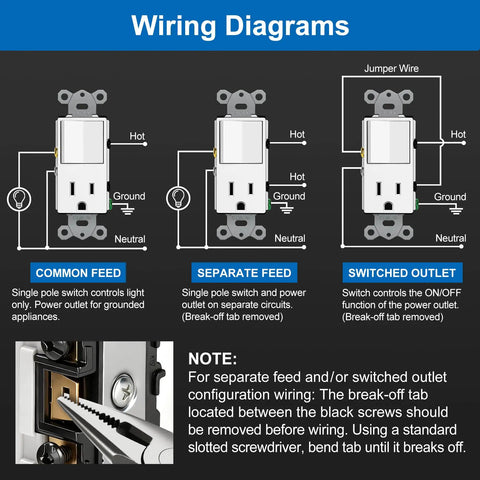 Wiring diagrams for Two Pack Combination Wall Switch And Decor Outlet With Single Pole Rocker Switch, 15A/120V And 15A/125V Receptacle