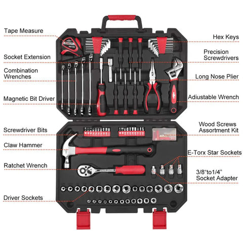 128 Piece General Home Tool Set With Plastic Toolbox Case, includes hammers, screwdrivers, pliers, wrenches, sockets, and hex keys