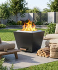 Portable 35 Inch Smokeless Fire Pit For Outdoors With Carry Handle Stainless Steel Pellet Fire Pit For Outside Wood Burning Ideal For Backyard Patio Hangouts Bonfires Low Smoke Design With Enhanced Airflow For Up To 6 People Black featuring a flaming fire on a patio.