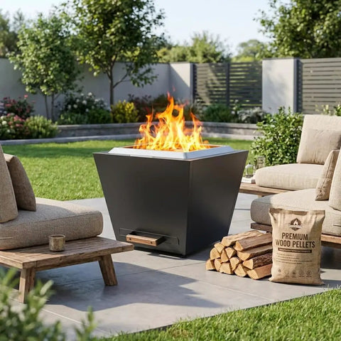 Portable 35 Inch Smokeless Fire Pit For Outdoors With Carry Handle Stainless Steel Pellet Fire Pit For Outside Wood Burning Ideal For Backyard Patio Hangouts Bonfires Low Smoke Design With Enhanced Airflow For Up To 6 People Black featuring a flaming fire on a patio.