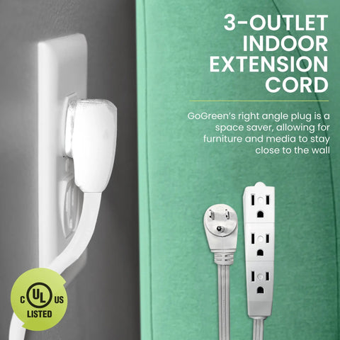 Badass 16 By 3 SJT Extension Cord 8 Foot Heavy Duty Workhorse with snap fit 3 outlets near a wall with ultra thin flush socket.