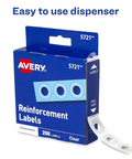 Packaging of Clear Hole Reinforcement Labels For 3 Hole Punched Pages One Quarter Inch Diameter Non Printable Durable Polyvinyl Stickers.