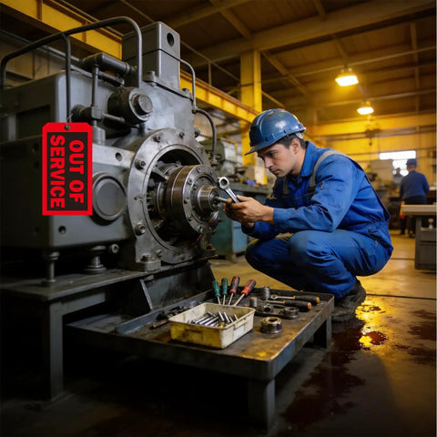 Straight-Up Red Out Of Service Tags With Galvanized Wire Ties, 200 Pack Heavy Duty Laminated Repair Required Lockout Signs For OSHA Wall Mounting Industrial Machine And Valve Inspection Safety Gear on machinery in industrial setting.