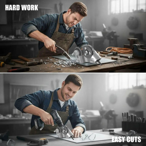 Kick Your Power Drill Up A Notch With This Premium Drill Nibbler Metal Cutter Attachment in use for precise metal cutting.