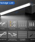 Linkable 120W LED Shop Light package contents including cables, brackets, screws, and anchors for garage workshop installation.