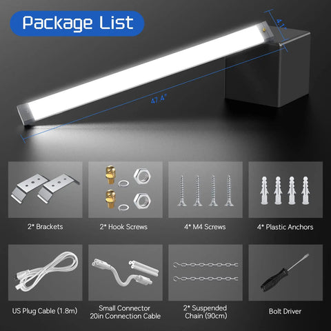 Linkable 120W LED Shop Light package contents including cables, brackets, screws, and anchors for garage workshop installation.