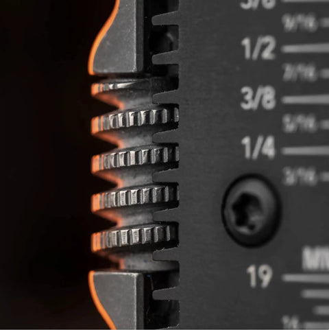Close-up of gear mechanism on Titanium EDC Wrench For Everyday Carry With One Handed Operation Removable Pocket Clip Paracord Lanyard.