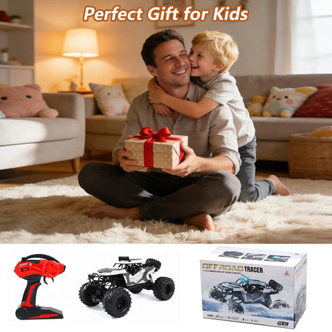 Father and son with gift, Amphibious RC Car One Eighth Scale 4WD Monster Truck That Rips Water And Land shown below