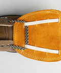 Heavy Duty Welding Shoe Covers Heat Resistant Boot Covers With Anti-Scald Toe Guards showing top view of brown leather strap detail